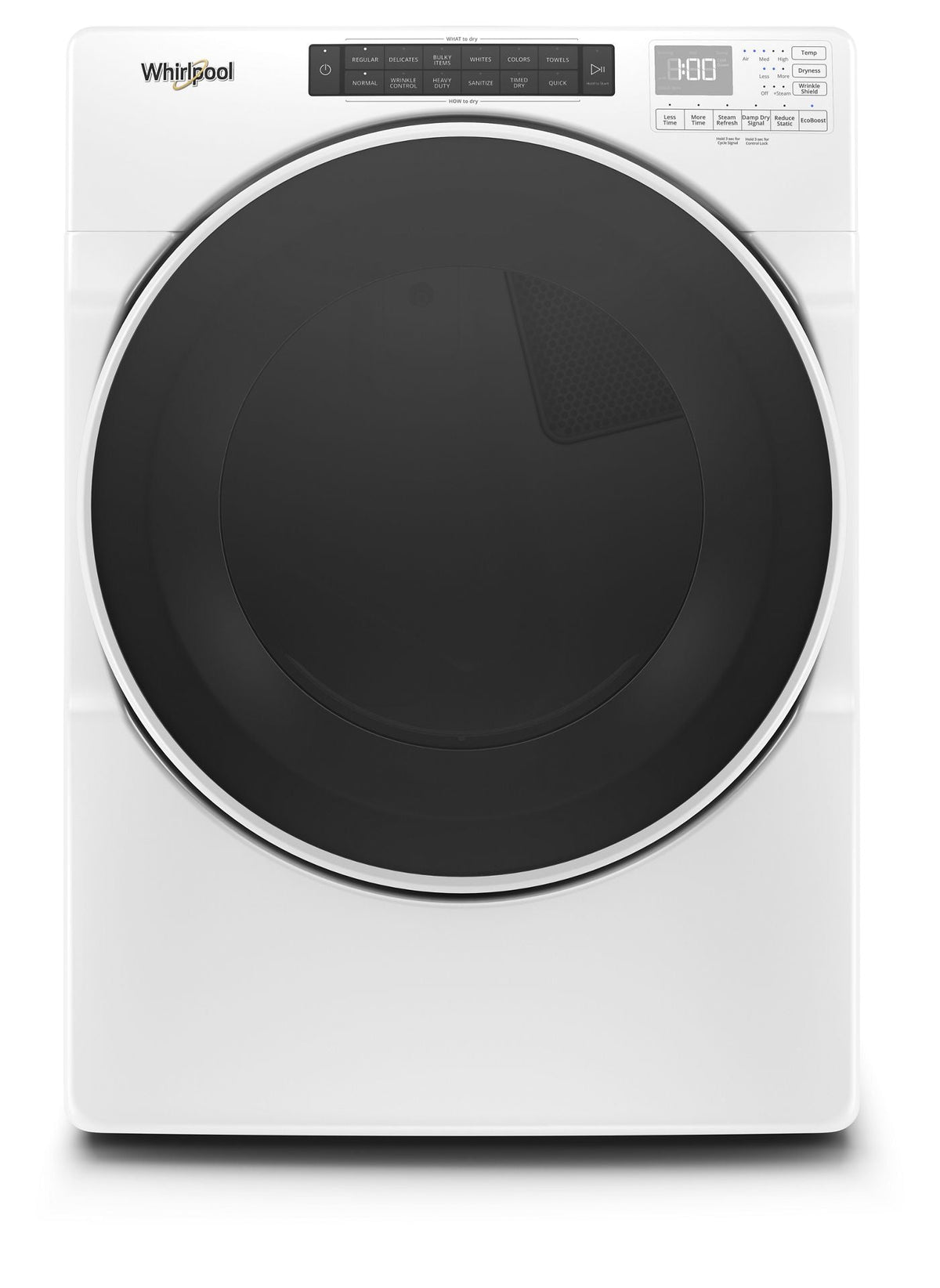 Whirlpool WED6620HW white front-load electric dryer with steam, front exterior