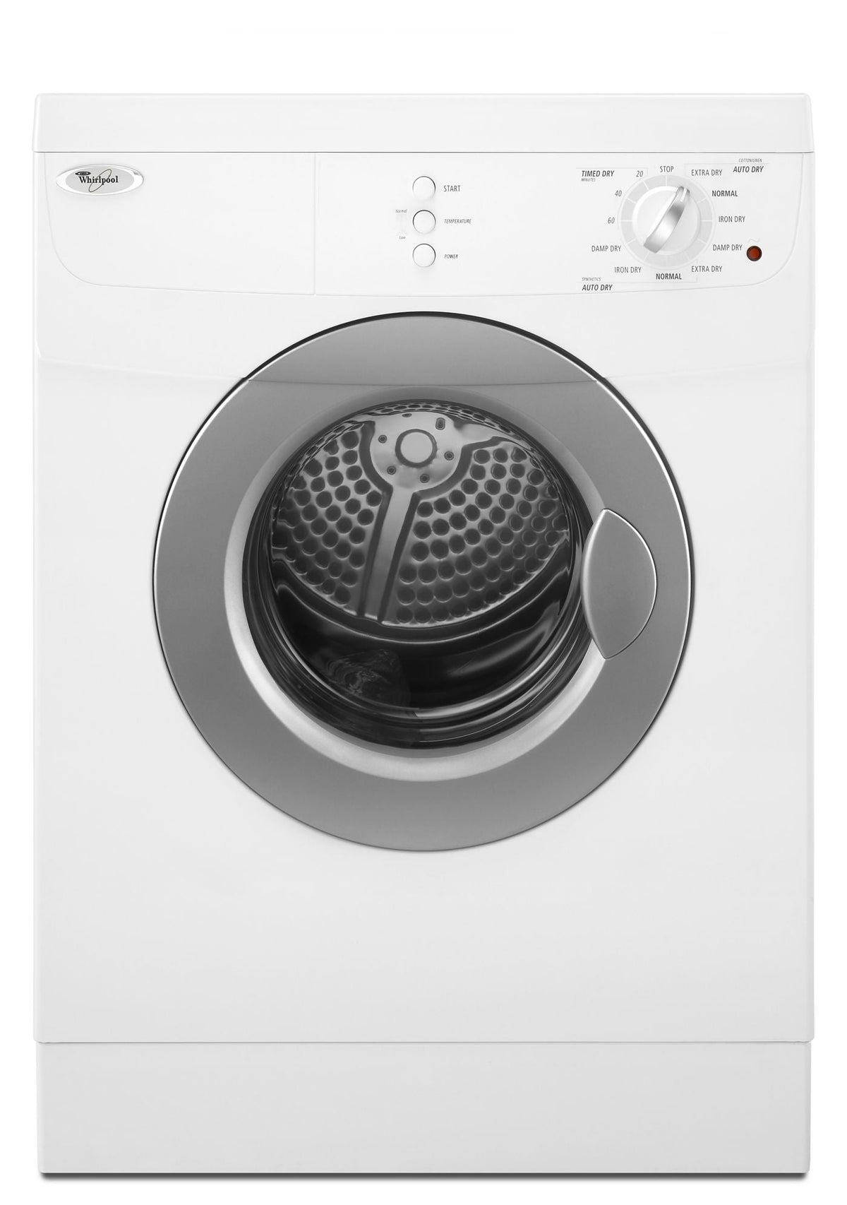 Whirlpool WED7500VW white compact front-load electric dryer, front view