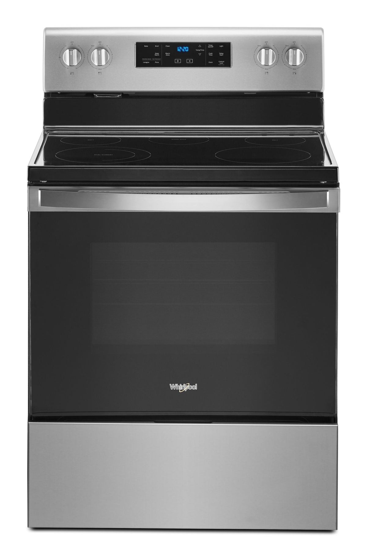 Whirlpool WFE525S0JZ electric range, fingerprint-resistant stainless closed-front exterior