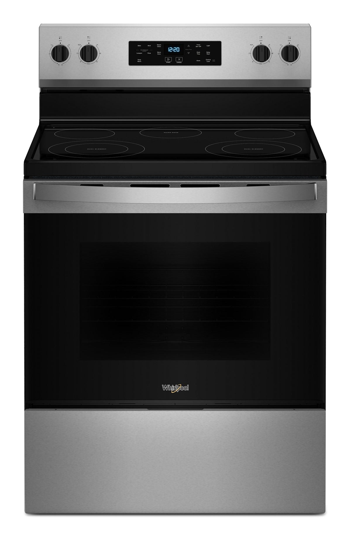 Whirlpool WFES3330RS stainless steel freestanding electric range, front view