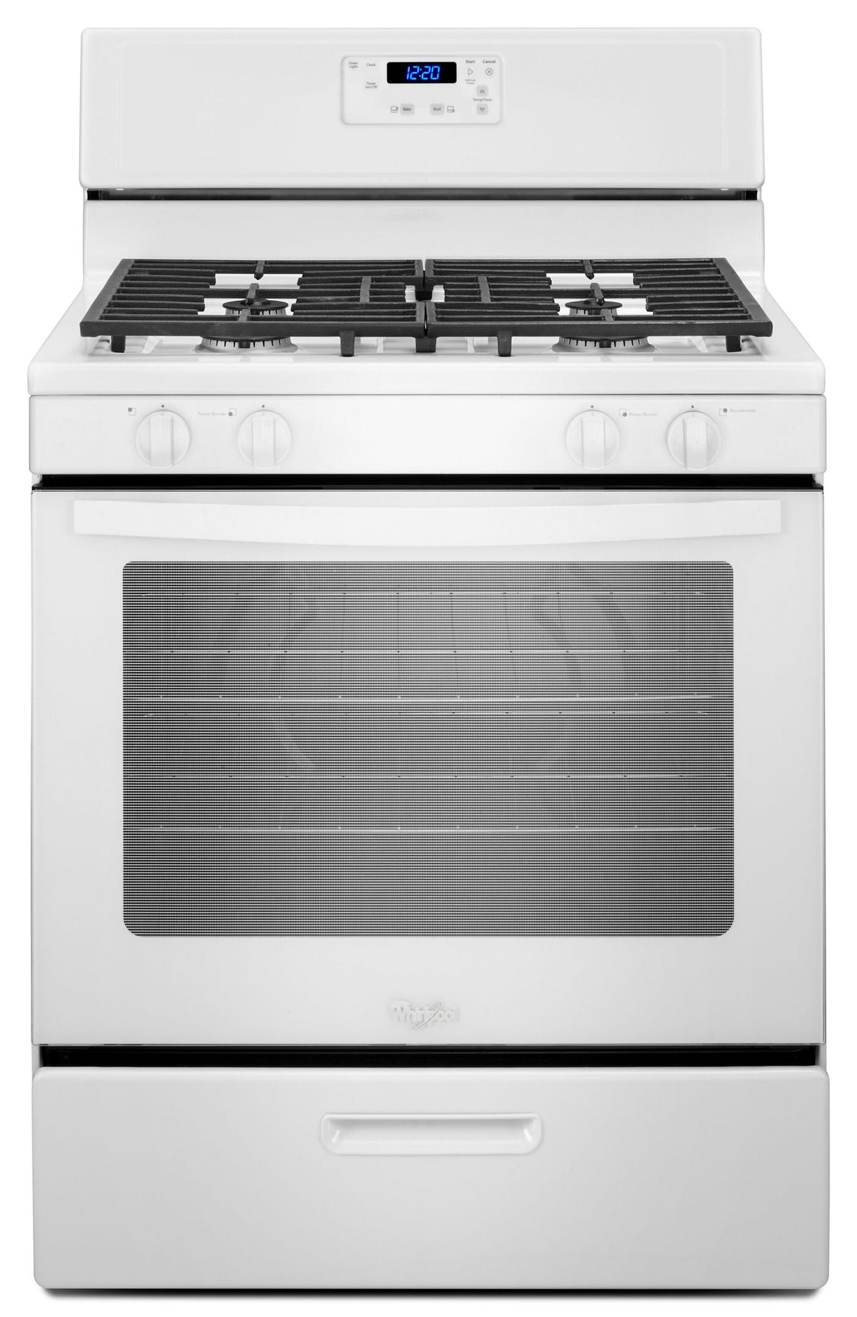 Whirlpool WFG320M0BW gas range, white closed-front exterior