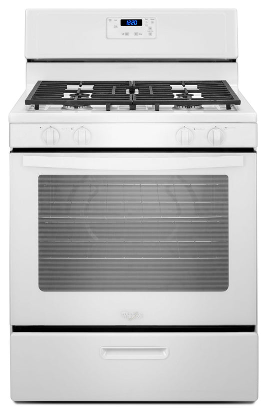 Whirlpool WFG320M0BW gas range, white closed-front exterior