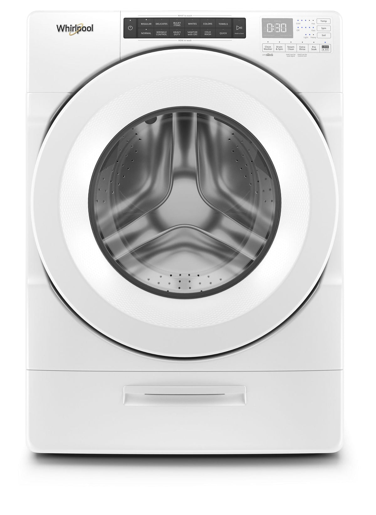 Whirlpool WFW5620HW white front-load washer, front exterior