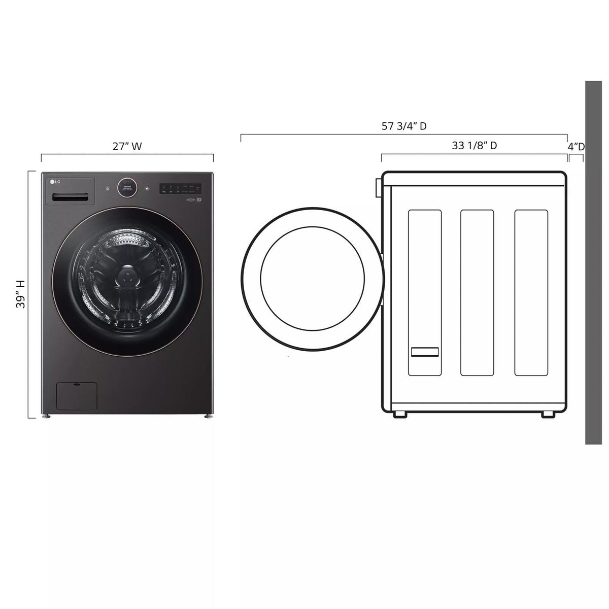 LG WM6500HBA washer dimensions: 27 inches wide, 33 1/8 inches deep, 39 inches high; 57 3/4 inches deep with door open