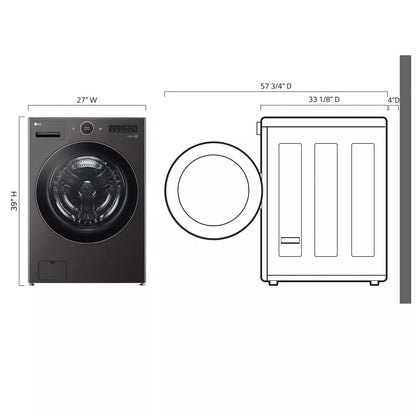 LG WM6500HBA washer dimensions: 27 inches wide, 33 1/8 inches deep, 39 inches high; 57 3/4 inches deep with door open