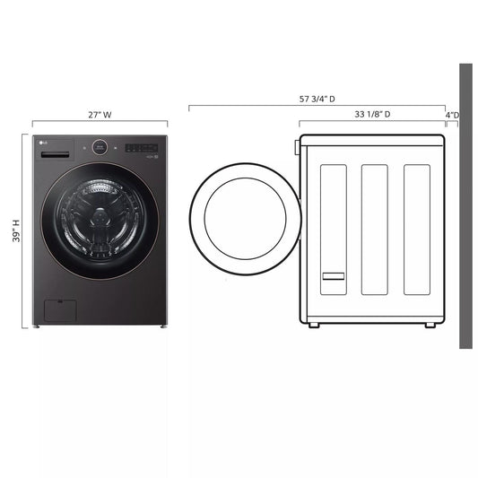 LG WM6500HBA washer dimensions: 27 inches wide, 33 1/8 inches deep, 39 inches high; 57 3/4 inches deep with door open