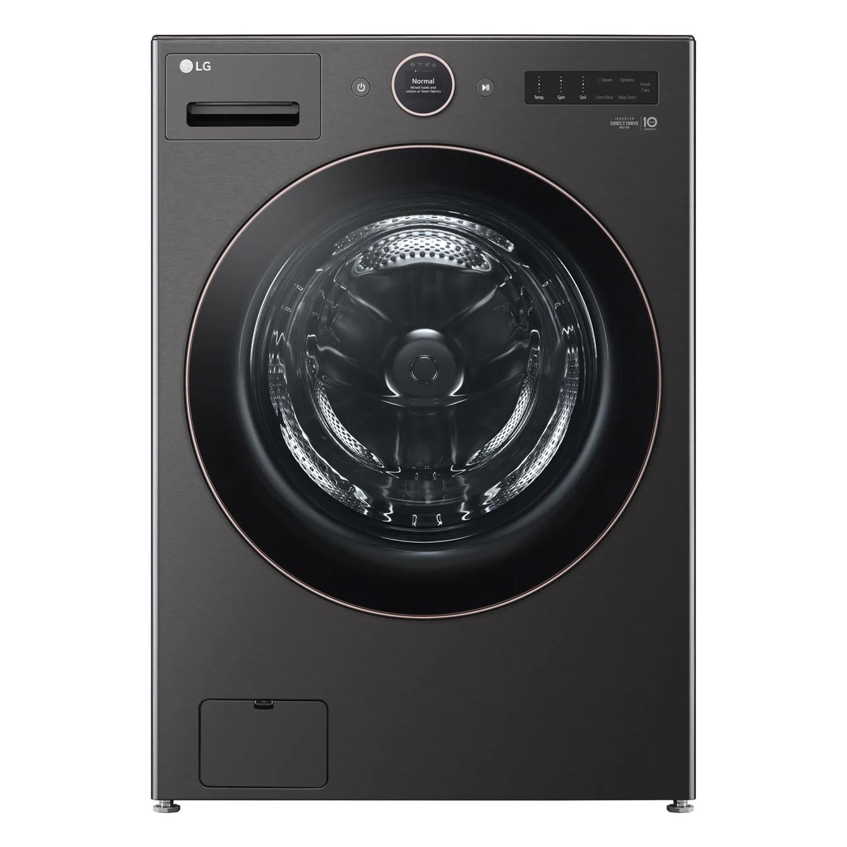 LG WM6500HBA Black Steel front-load washer, exterior front view