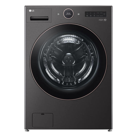 LG WM6500HBA Black Steel front-load washer, exterior front view