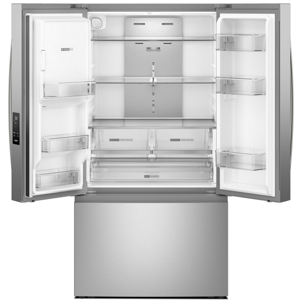 Whirlpool WRFF3736SZ stainless refrigerator, open-door refrigerator interior