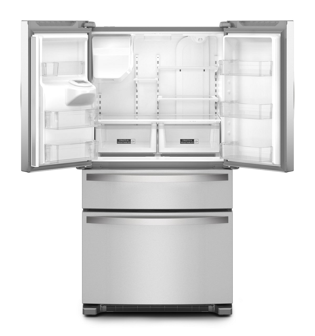 Whirlpool WRMF3636RZ French-door refrigerator, open interior view