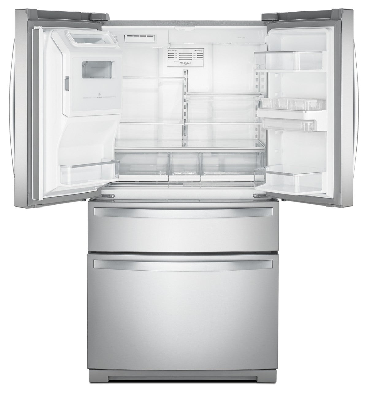 Whirlpool WRMF7736PZ stainless refrigerator, open-door interior view