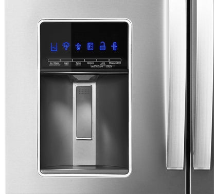 Whirlpool WRMF7736PZ stainless refrigerator, water and ice dispenser detail