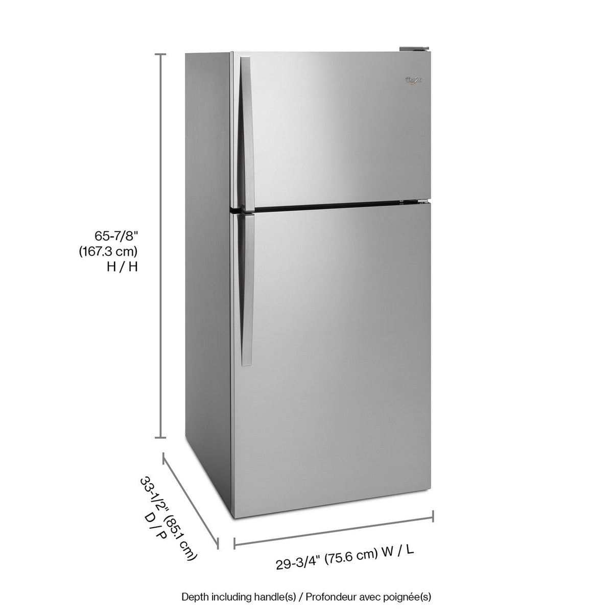 Whirlpool WRT318FZDM stainless refrigerator, exterior and dimensions diagram