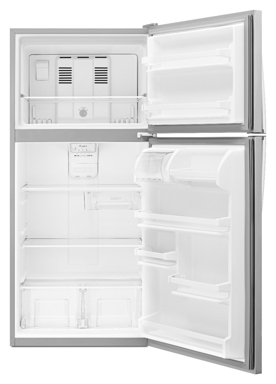 Whirlpool WRT318FZDM stainless refrigerator, open-door interior view