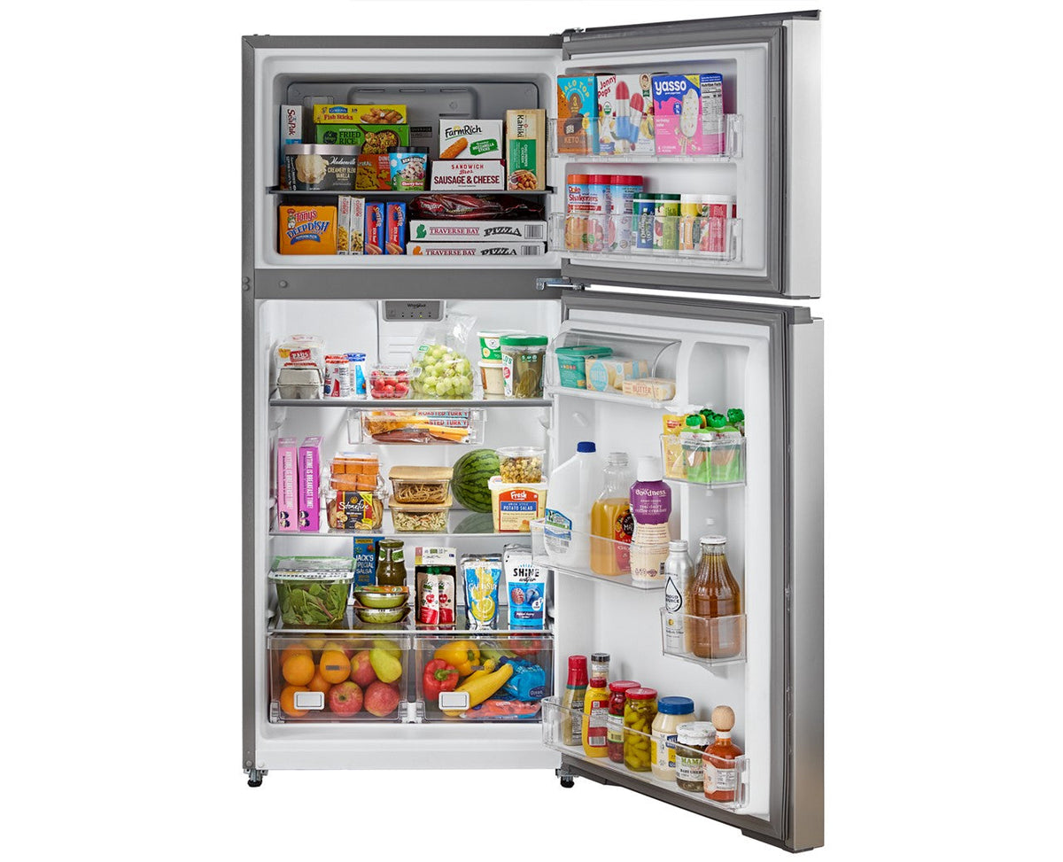 Whirlpool WRTX3119SZ stainless refrigerator, open-door stocked interior view