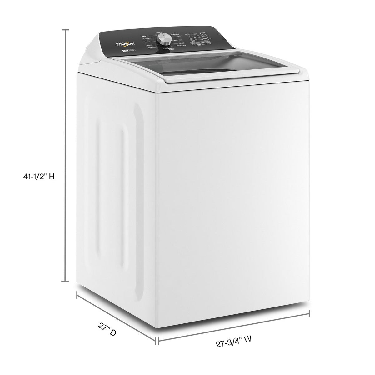 Whirlpool WTW5057LW white top-load washer with width, depth, and height marked
