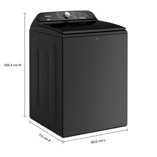 Whirlpool WTW6157PB Volcano Black washer, three-quarter exterior with dimensions