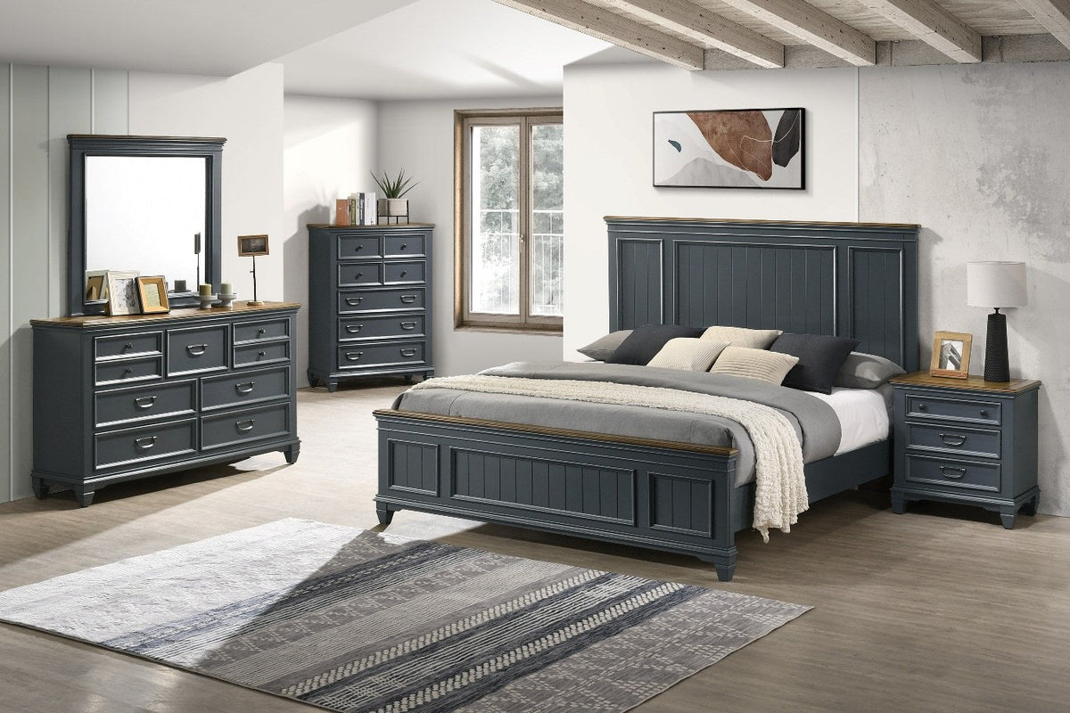 Clear close-up view of the Lifestyle Furniture nightstand, showcasing its dark gray finish, three drawers, and contrasting warm brown wood-look top.