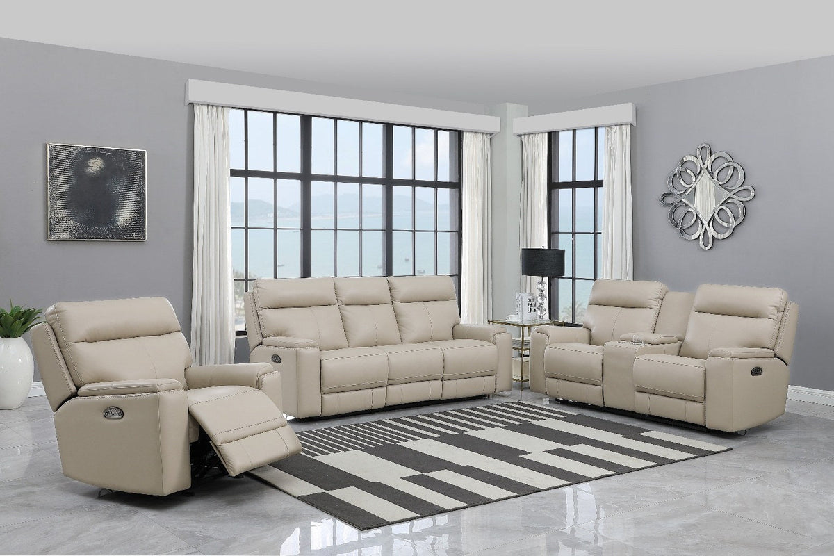 A full living room set featuring a power reclining sofa, loveseat, and armchair in a modern, light-toned room. The armchair is shown in a reclined position, highlighting the power recline feature.