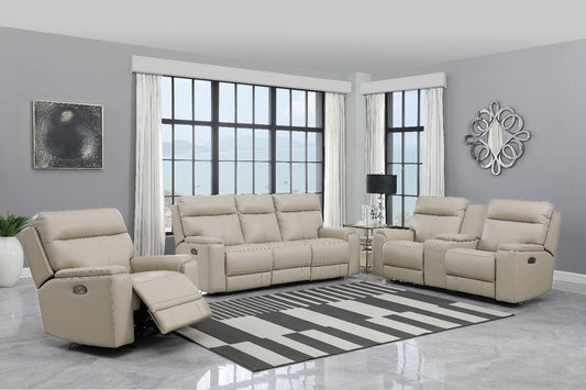 A full living room set featuring a power reclining sofa, loveseat, and armchair in a modern, light-toned room. The armchair is shown in a reclined position, highlighting the power recline feature.