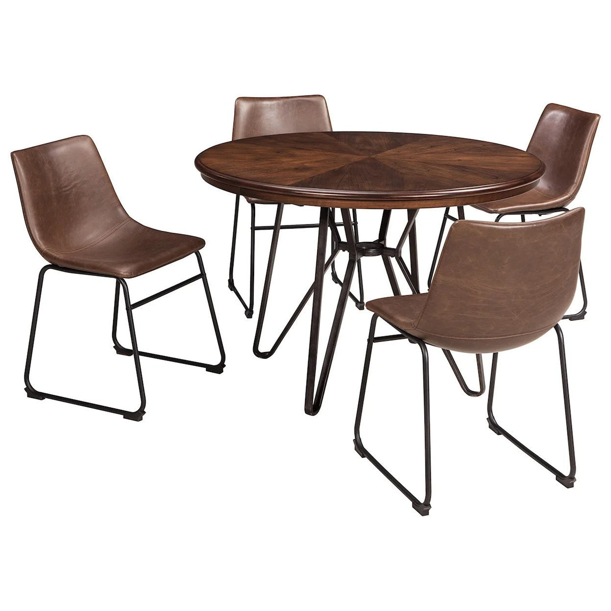 Lifestyle shot featuring a dining table and chairs from the same collection, demonstrating the design aesthetic in a room setting.