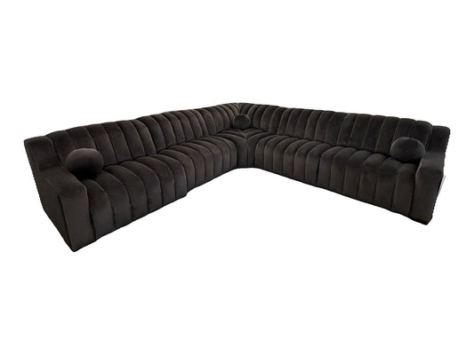 Alexandra Home 8973 Chocolate 5-Piece Dual Power Reclining Sectional — actual tagged floor photograph isolated on white; complete configuration shown