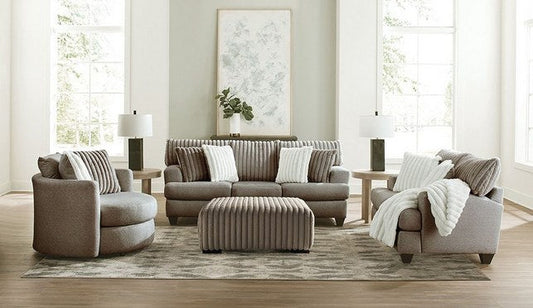 Front-facing view of the Albany ribbed fabric sofa and matching ottoman, highlighting the unique textured upholstery and plush seating.