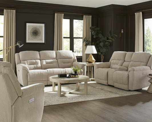 Full living room scene showing a power reclining sofa and two matching power reclining chairs in a modern setting.