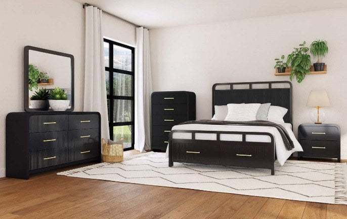 Full view of the Elements International Full Bed Frame in a rich dark wood finish, displayed as part of a coordinating modern bedroom set in a room setting.
