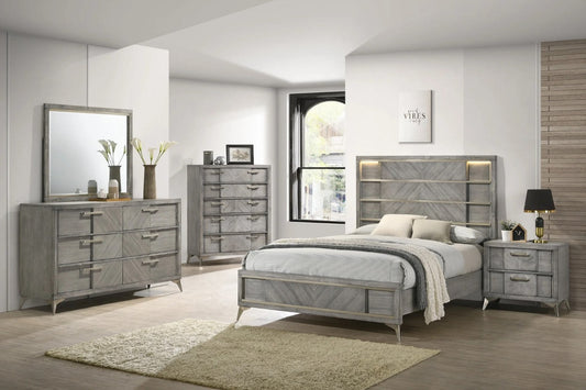 Full view of the Queen bed, showcasing its distinguished headboard with LED lighting, footboard, side rails, and a matching nightstand.