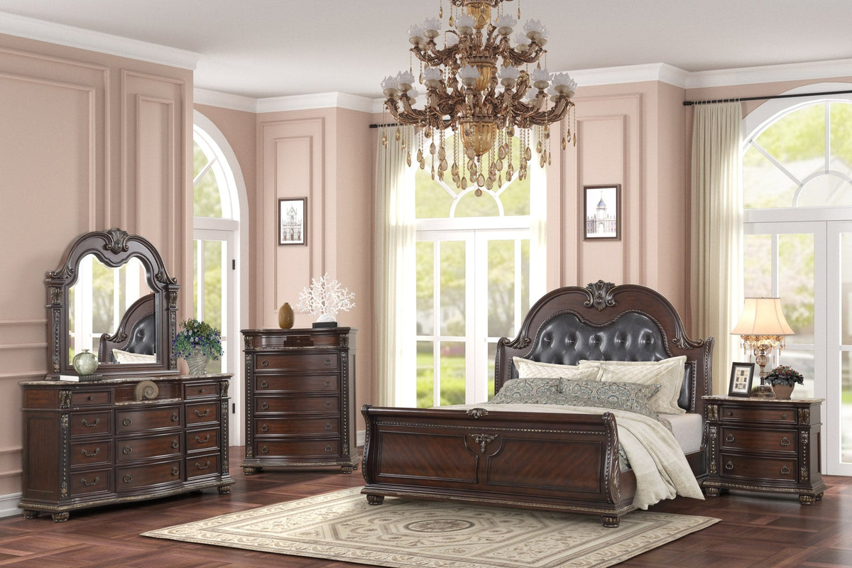 Lifestyle Furniture Cherry Dresser with mirror in a classic bedroom setting, featuring ornate details and dark wood finish.