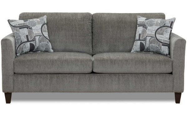 Full front view of the modern gray loveseat, showcasing its textured fabric, tailored design, and two decorative geometric pillows.