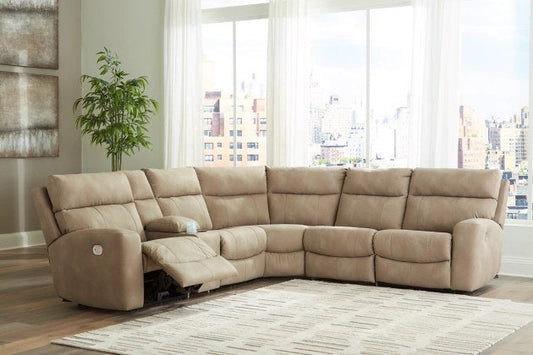 Ashley Next-Gen Durapella Sand six-piece power reclining sectional in room with one recliner extended