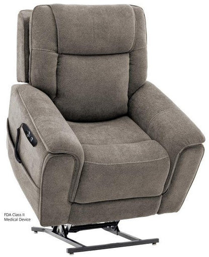 Mega Motion MM3600ASH lift recliner in ash gray fabric, showing the motorized lift mechanism at the base.