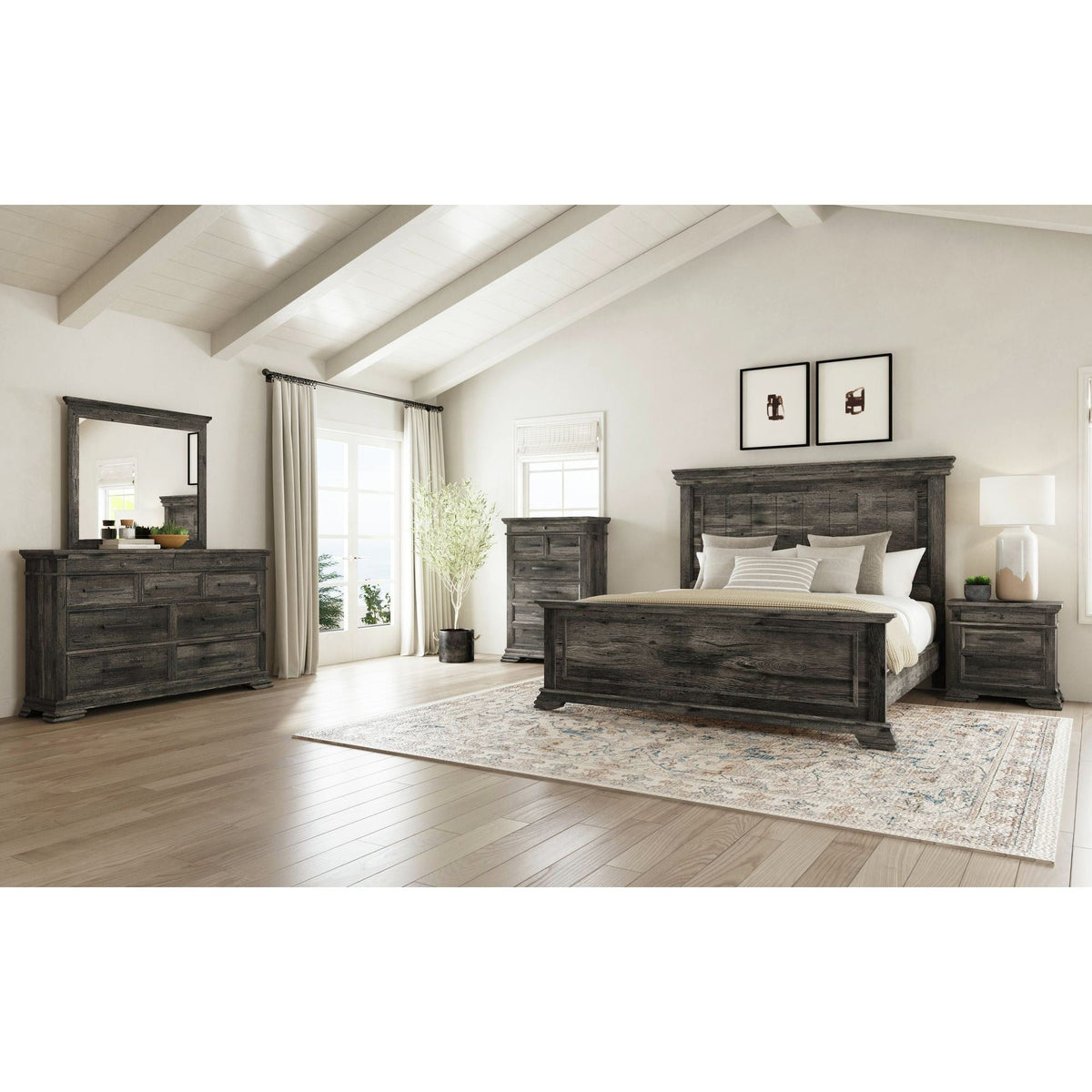 Front-angled view of the 9-drawer dresser with a large rectangular mirror, showcasing its weathered gray finish, visible wood grain, and dark hardware. Decorative items are placed on top of the dresser.