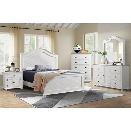 {'index': 0, 'type': 'main', 'description': 'Complete 5-piece bedroom set in a pristine white finish, showcasing the bed, nightstand, chest, and dresser with mirror, all featuring distinctive chevron paneling.'}