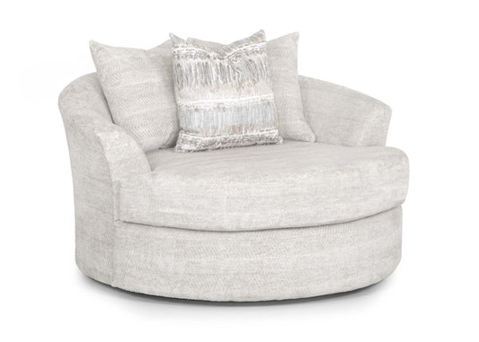 Full front view of the Franklin Swivel Lounge Chair, showcasing its plush, rounded design and textured ivory fabric with a decorative accent pillow.