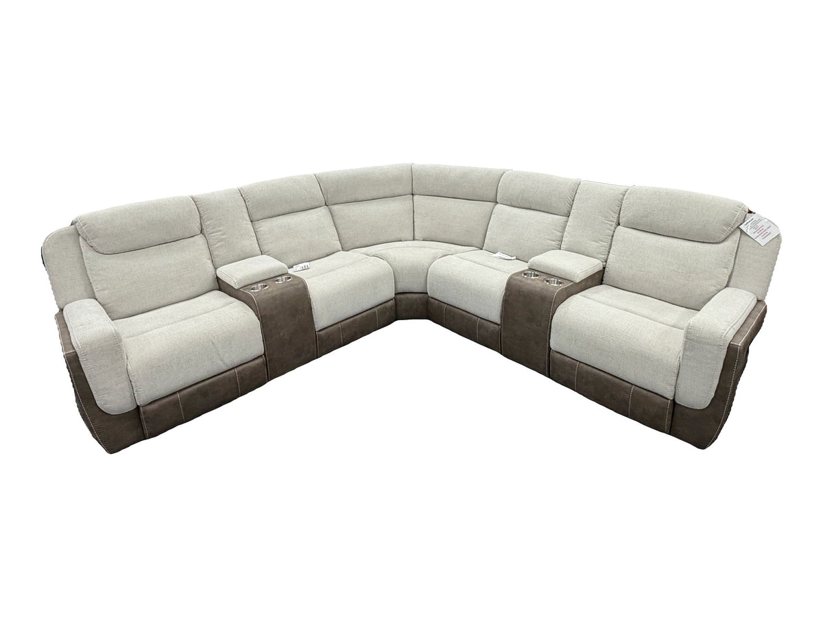 Elements International Hornet Rancho Taupe three-piece manual reclining sectional — actual tagged floor photograph isolated on white; complete three-piece configuration only