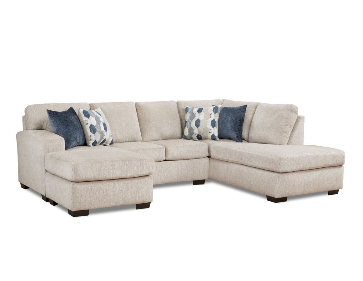 Affordable Furniture 4450 Herringbone Oatmeal three-piece sectional with left and right sections and included floating ottoman forming a second chaise