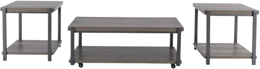 Full front view of the three-piece coffee and end table set, showcasing one coffee table with casters and two matching square end tables, all featuring a weathered gray finish and dark metal frames.