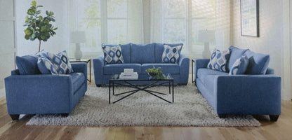 The Albany blue fabric sofa displayed as part of a complete living room set, providing context and style inspiration.