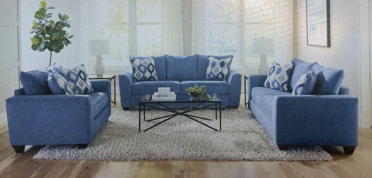 The Albany blue fabric sofa displayed as part of a complete living room set, providing context and style inspiration.