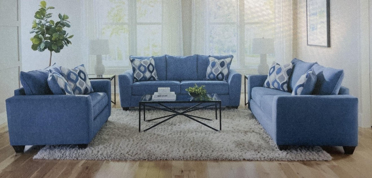 Lifestyle setting featuring the full Albany living room collection, including a sofa and two loveseats, arranged in a bright, contemporary living space.