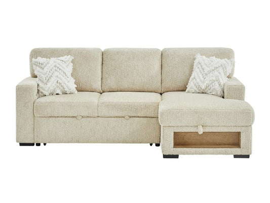 Global Furniture U0222 Ivory sleeper sofa chaise, complete closed front view with front chaise shelf