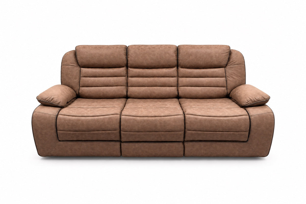 Global Furniture U2250 Brown Manual Reclining Sofa shown alone with all seats and footrests upright