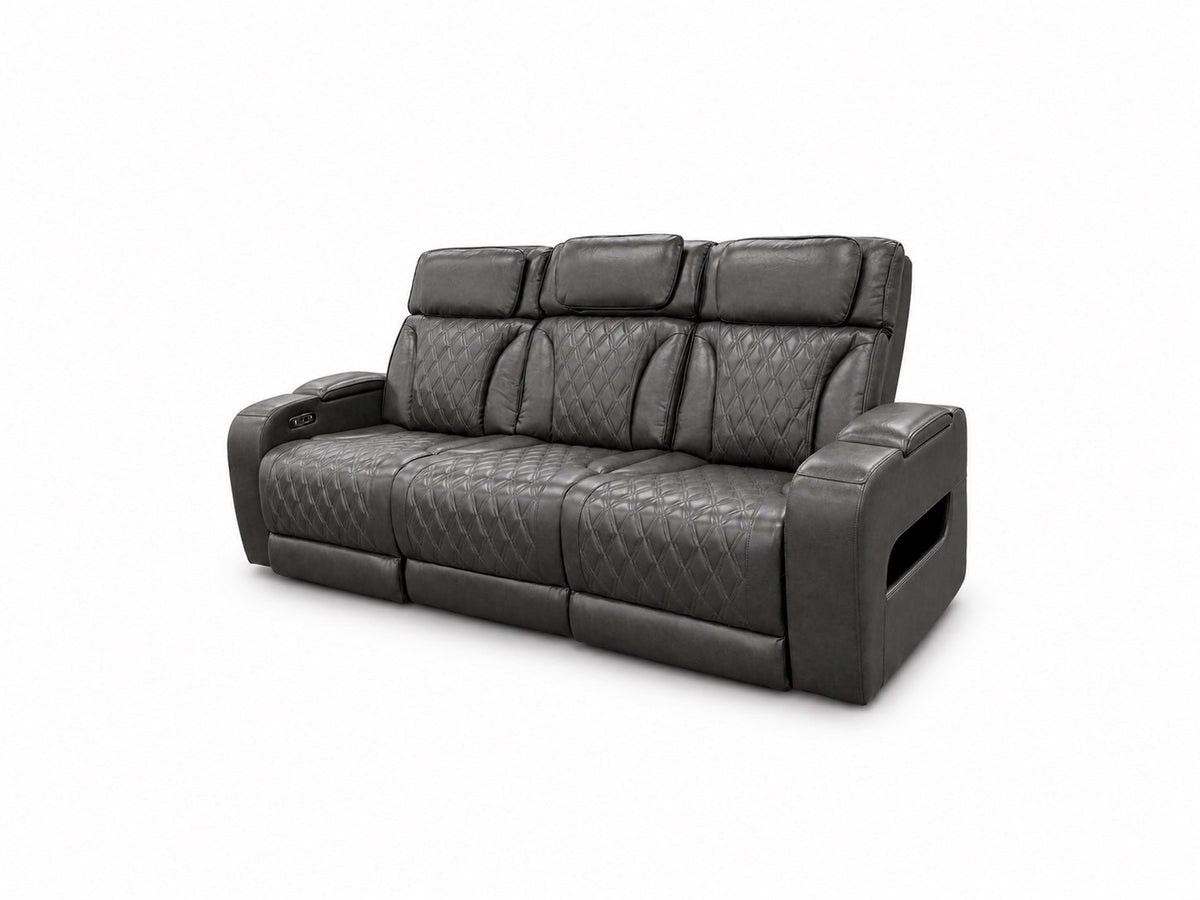 Global Furniture U8611 Charcoal Dual Power Reclining Sofa shown alone with the complete item upright and lights off