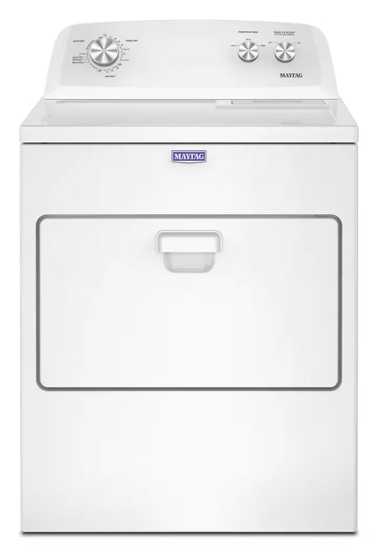 Maytag MED4005SW white electric dryer with drop-down hamper door, front view