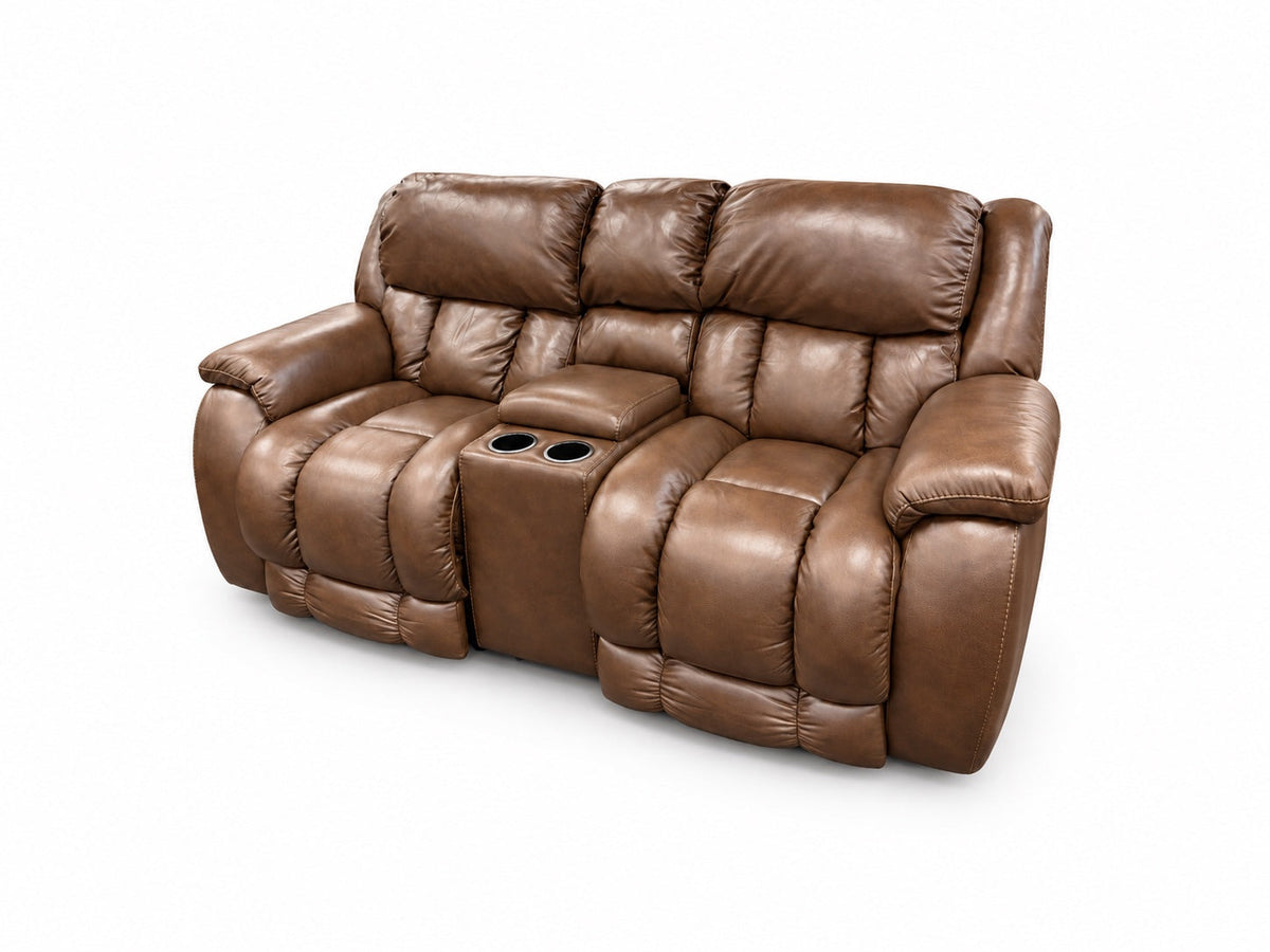 HomeStretch 229 Drifter Mocha Power Reclining Console Loveseat shown alone with all seats and footrests upright