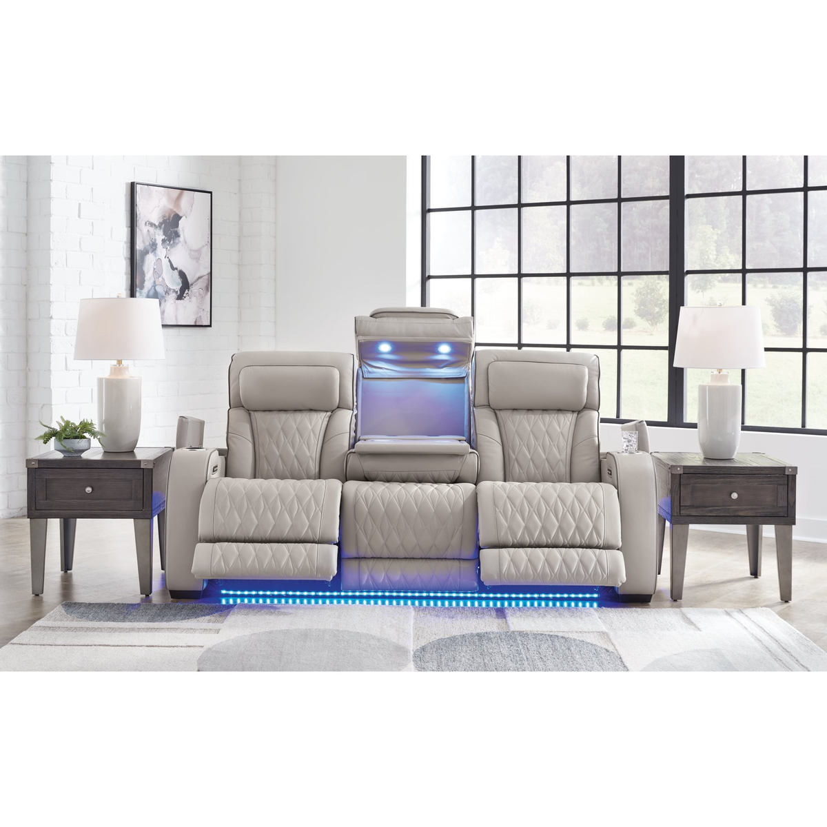 Ashley Boyington Power Reclining Sofa with LED & drop-down console - Light Gray