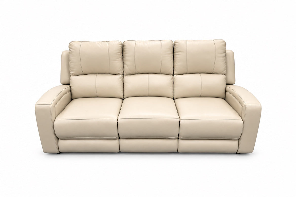 Leather Italia Aria Cream Dual Power Reclining Sofa shown alone with all seats and footrests upright